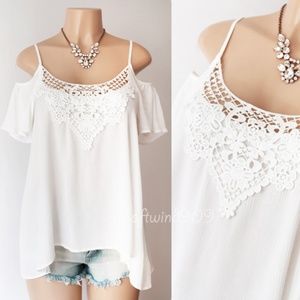 White Gauzy Crochet lace Cold Shoulder Blouse Top